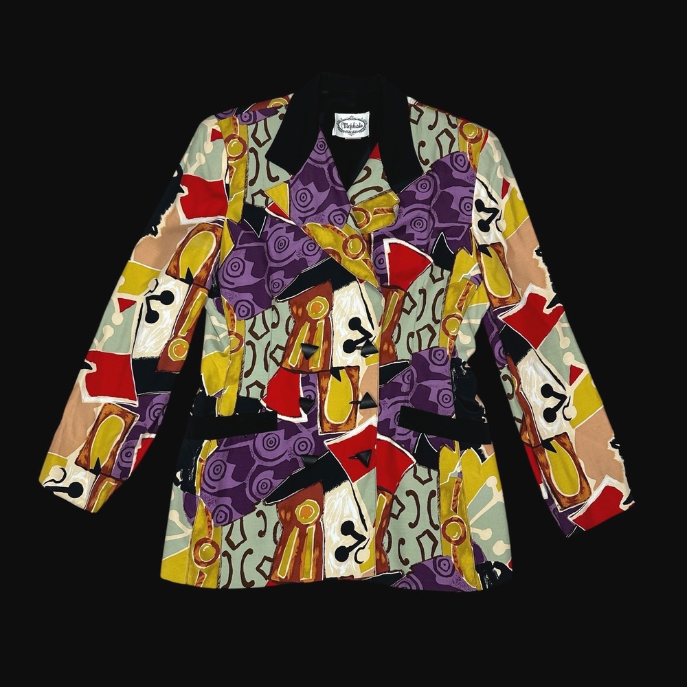 Vintage Mephisto Abstract Geometric Print Rayon Blazer Jacket Multi Color Size 8